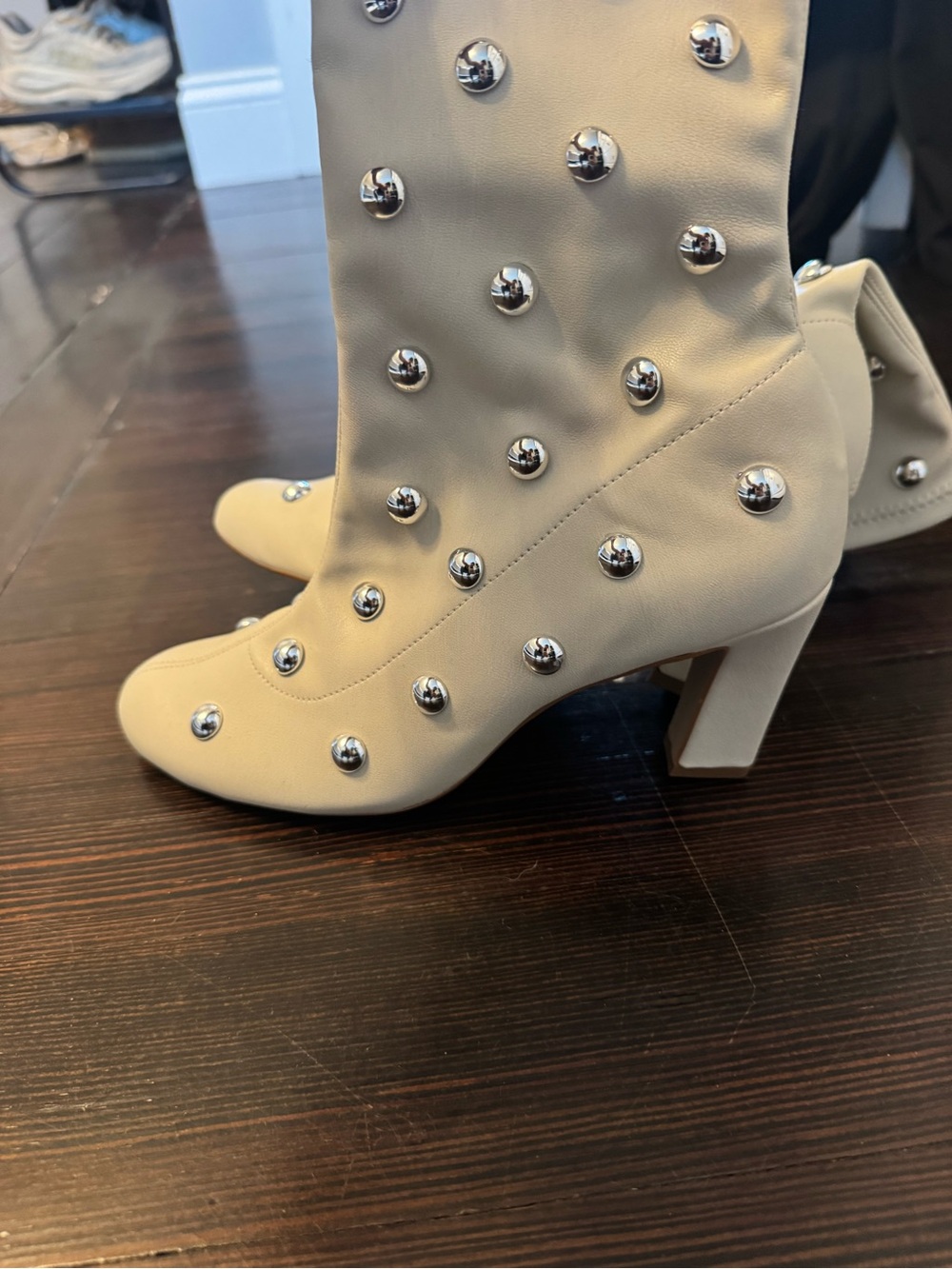 Maeve Cream Studded Mid-Calf Block Heel Boots